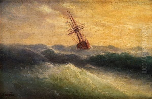 Storm. A Ship At Sea Oil Painting by Grigorij Kapustin