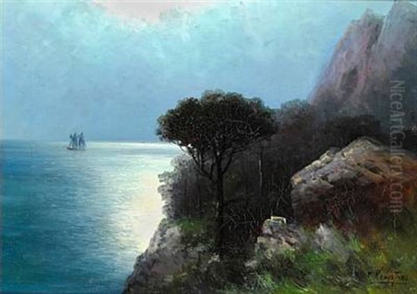 Coastal Scene From The Crimea With A Schooner On The Black Sea In Moonlight Oil Painting by Grigorij Kapustin