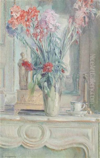 A Vase Of Flowers With A Teacup On A Table Oil Painting by Adrien Karbowsky