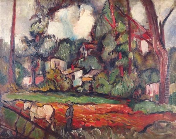 Landscape With Farmer In Foreground Oil Painting by Bernard Karfiol