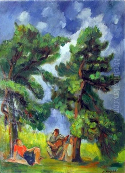 Man Playing Guitar Beneath A Tree Oil Painting by Bernard Karfiol