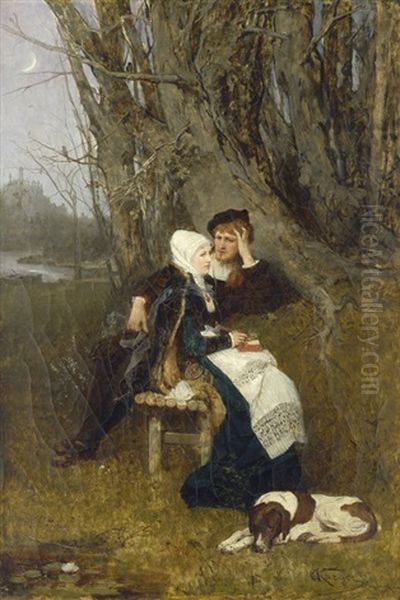 Der Antrag: Edelmann Mit Einer Edeldame Auf Einer Bank Im Wald, Im Hintergrund Ein Schloss Oil Painting by Karl Karger