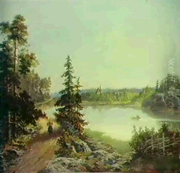 Teichlandschaft Mit Reisigsammlerin Oil Painting by  Karl XV (King of Sweden & Norway)