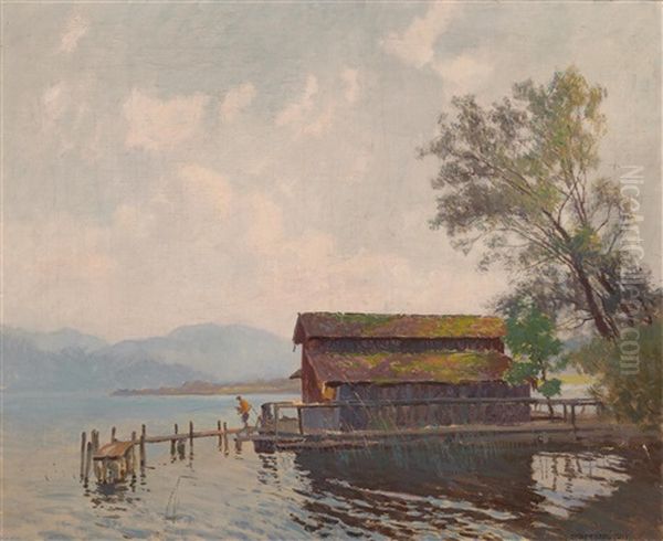 Bootshaus An Einem See Oil Painting by Anton Hans Karlinsky