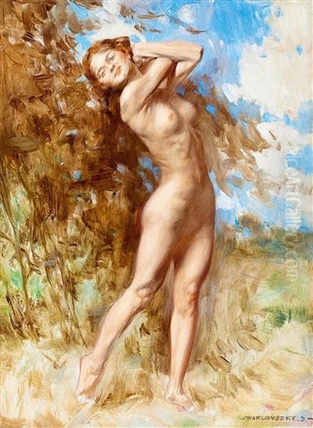 Nude In Open-air (swing) Oil Painting by Bertalan Karlovszky