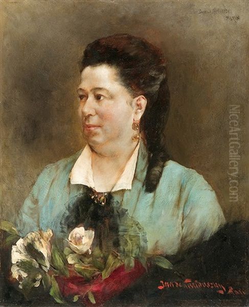 Lady With Roses Oil Painting by Bertalan Karlovszky