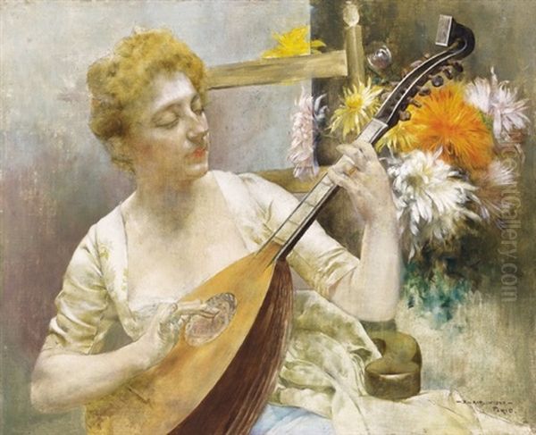 Parisian Woman With Mandolin, Flowers In The Background Oil Painting by Bertalan Karlovszky