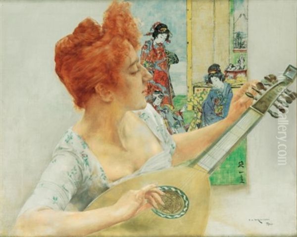 Joueuse De Mandoline A L'estampe Japonaise Oil Painting by Bertalan Karlovszky