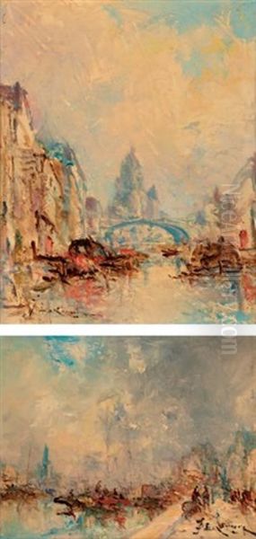 Le Port (+ Canal; 2 Works) Oil Painting by Jean Etienne Karnec