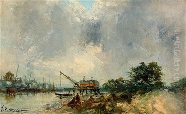 Sommerliche Flussuferpartie Mit Kran Und Schiffen Oil Painting by Jean Etienne Karnec