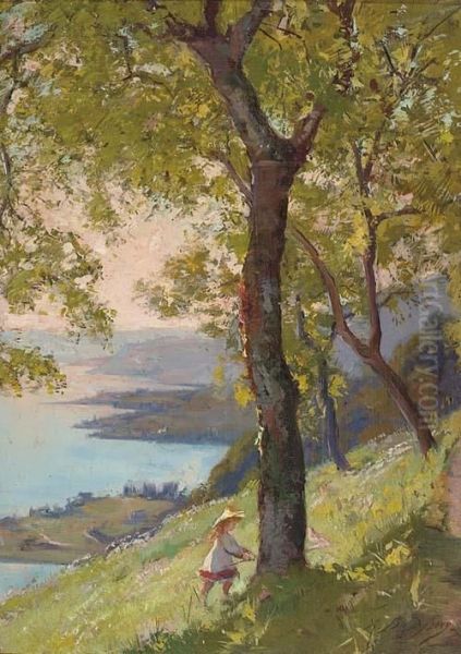 Vue Du Lac Leman Au Dessus De Montreux, Les Coteaux De Vevey. 1881 Oil Painting by Auguste Baud-Bovy