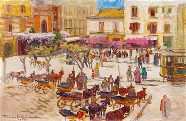 Italian Town With Cabs (sorrento) Oil Painting by Jenoe Karpathy