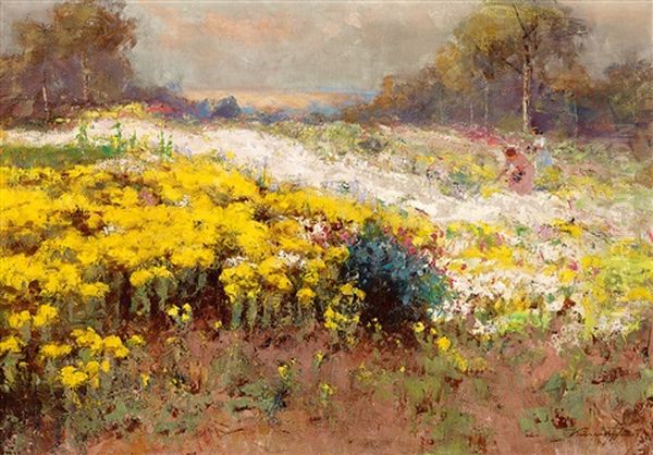 Girls On The Flowery Field Oil Painting by Jenoe Karpathy