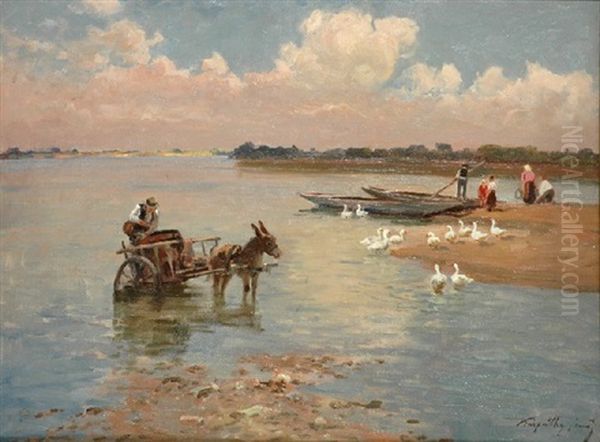 Donkey Cart And Geese Oil Painting by Jenoe Karpathy