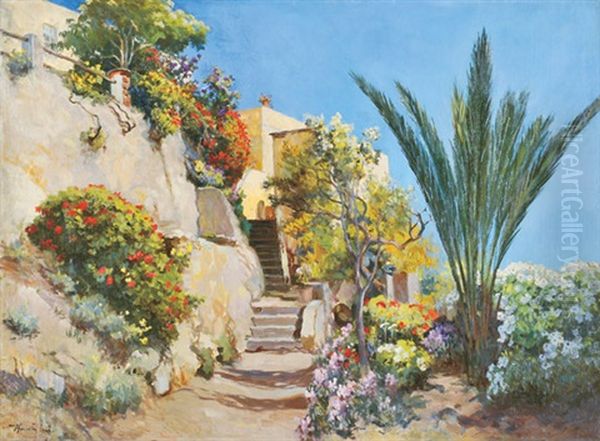 Mediterranean Flowers Oil Painting by Jenoe Karpathy