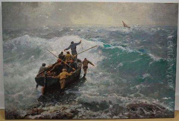 Seascape With Figures Oil Painting by Jenoe Karpathy