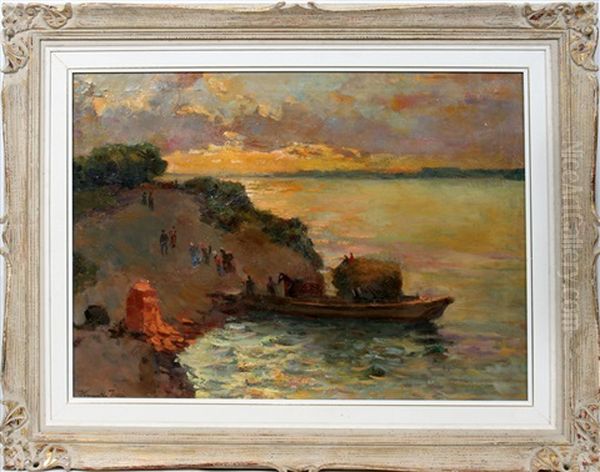 Ferry Boat On River Oil Painting by Jenoe Karpathy