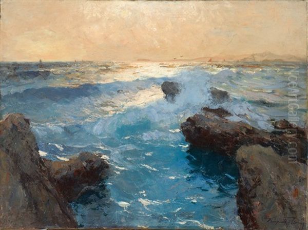 A Rocky Coastline With Crashing Waves Oil Painting by Jenoe Karpathy