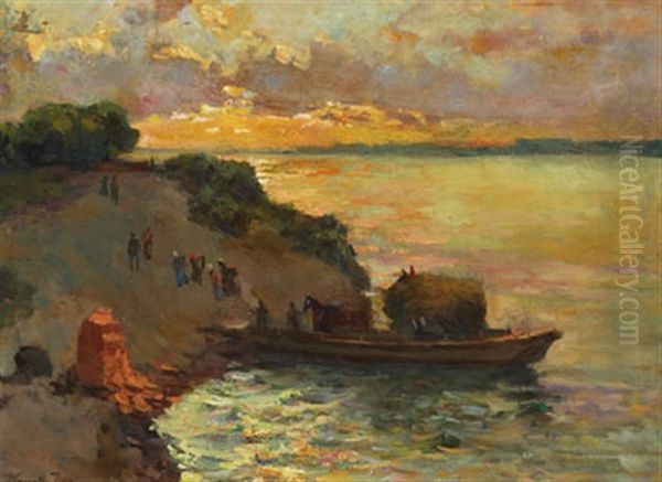 Sunset Coast With Figures Disembarking A Barge Oil Painting by Jenoe Karpathy