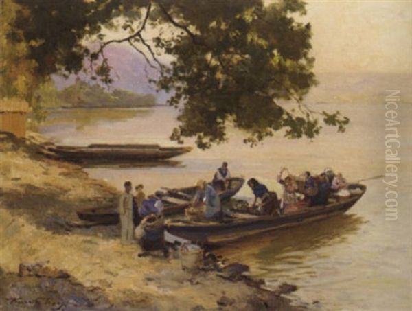 The Boat Trip To Market Oil Painting by Jenoe Karpathy