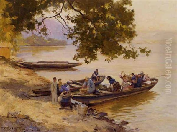 The Boat Trip To Market Oil Painting by Jenoe Karpathy