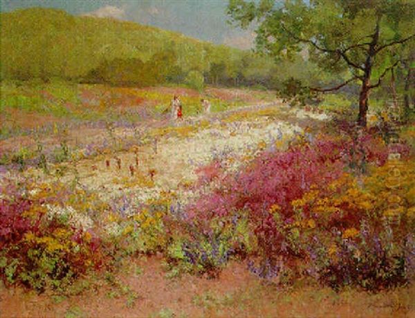 Young Girls Walking In A Flower Meadow Oil Painting by Jenoe Karpathy