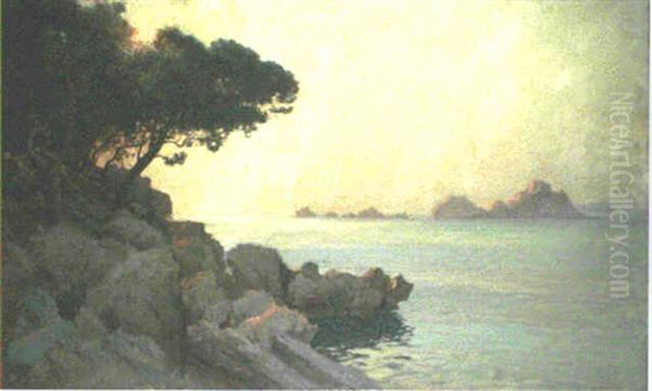 A Rocky Coastline At Sunset Oil Painting by Jenoe Karpathy