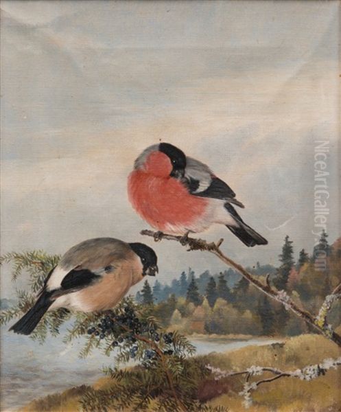 Birds On A Branch Oil Painting by Matti Karppanen