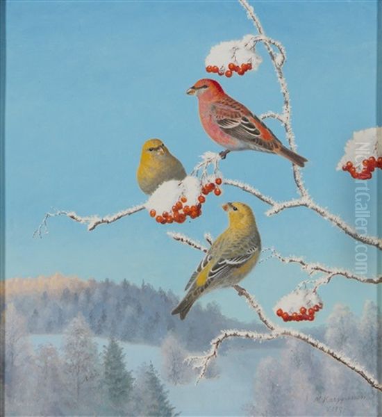 Pine Grosbeaks Oil Painting by Matti Karppanen