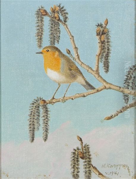 European Robin On Branch Oil Painting by Matti Karppanen