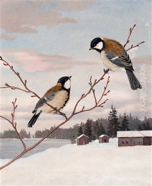 Great Tits Oil Painting by Matti Karppanen