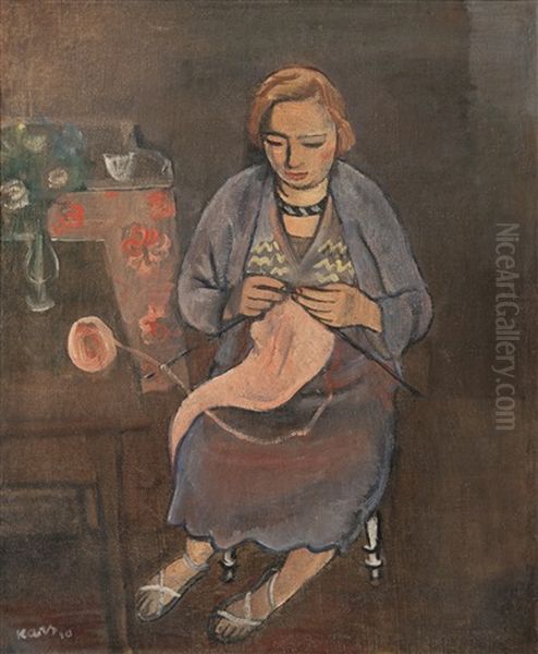 Woman Knitting Oil Painting by Georges (Karpeles) Kars