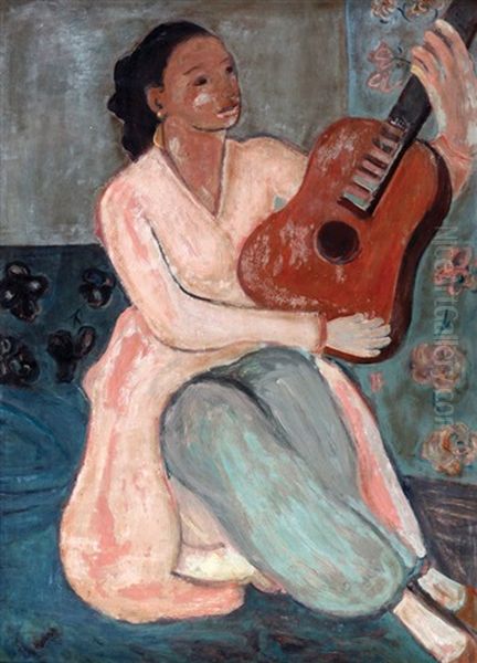 Young Woman Playing A Guitar Oil Painting by Georges (Karpeles) Kars