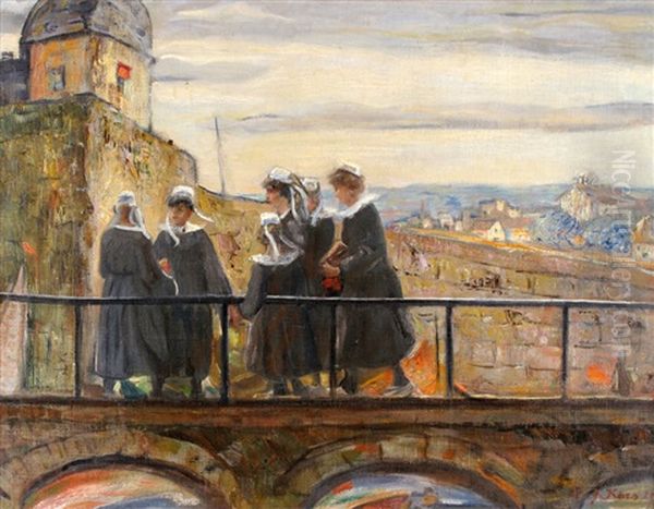 Schoolgirls On A Bridge Oil Painting by Georges (Karpeles) Kars