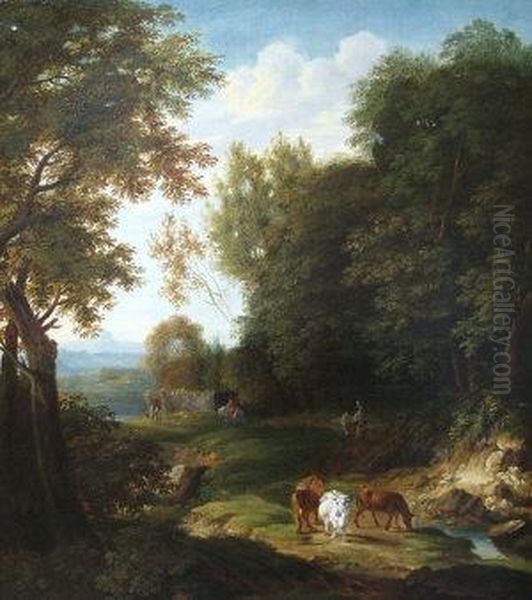 Figures, Horsemenand Cattle On A Wooded Track With A Ruin And Hills In The Distance Oil Painting by Joseph Francois Baudelaire