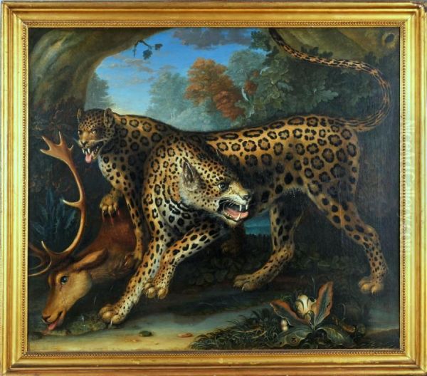 Leopards With Their Kill Oil Painting by John Baudenbach