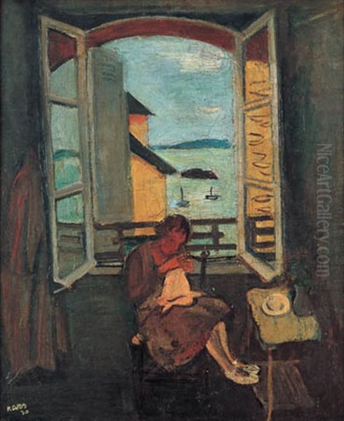 A Woman Sewing Near An Open Window Oil Painting by Georges (Karpeles) Kars