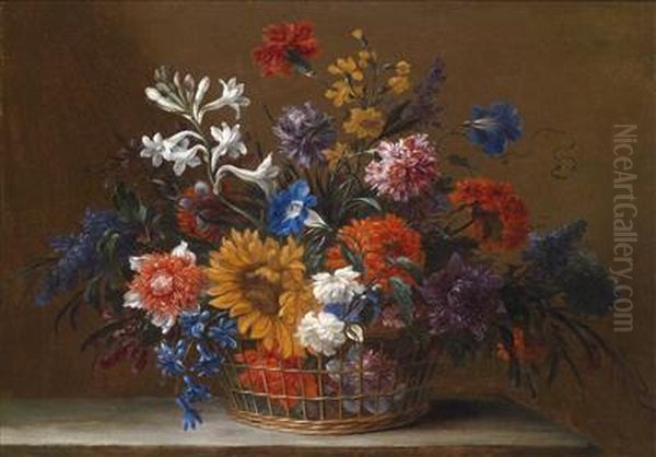 A Pair Of Still Lifes Of Flowers In Baskets Oil Painting by Nicolas Baudesson