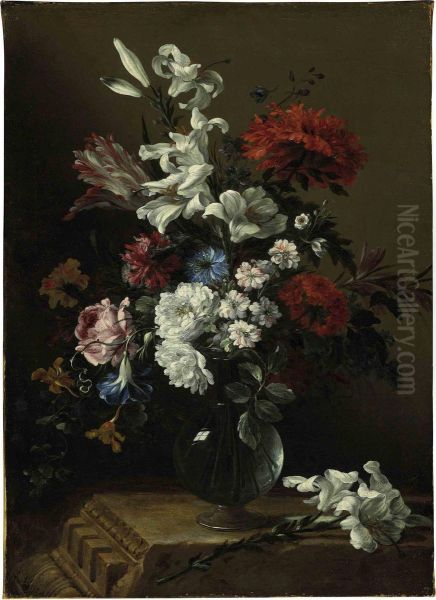 Lilies, Roses, Tulips, Carnations, And Other Flowers In A Glass Vase Oil Painting by Nicolas Baudesson