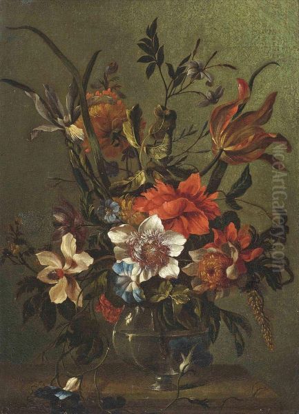 Tulips, Morning-glories, Peonies And Other Flowers In A Glass Vase On A Stone Ledge Oil Painting by Nicolas Baudesson