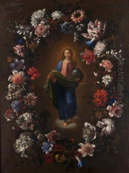 Guirlande De Fleurs Avec L'enfant Oil Painting by Nicolas Baudesson