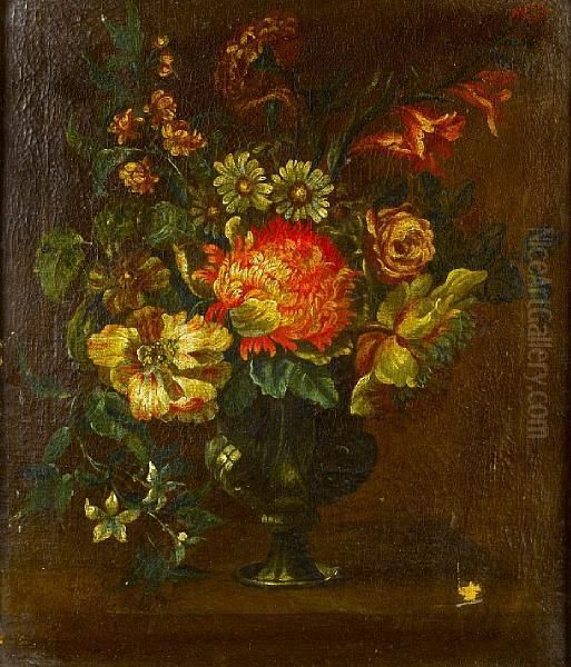 Roses, Jasmine, A Chrysanthemum And Otherflowers In A Glass Vase On A Table-top Oil Painting by Nicolas Baudesson