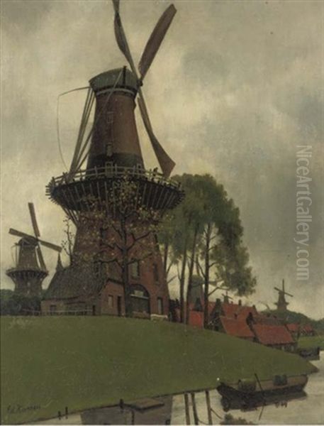 De Vijf Molens - A Windmill Oil Painting by Eduard Karsen