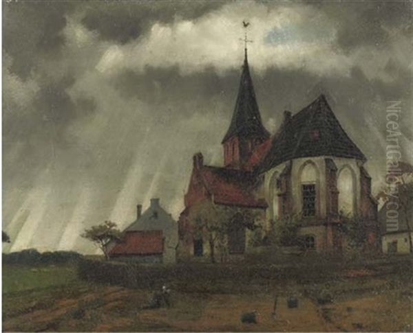 Kerkje Ten Platteland - The Church In Persinge Oil Painting by Eduard Karsen