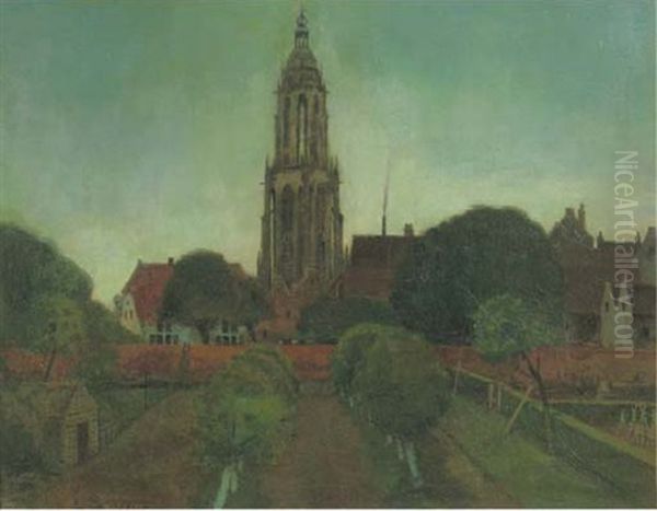 Oude Stadswal En Toren Van Rhenen Bij Avond: A View On Rhenen At Dusk Oil Painting by Eduard Karsen