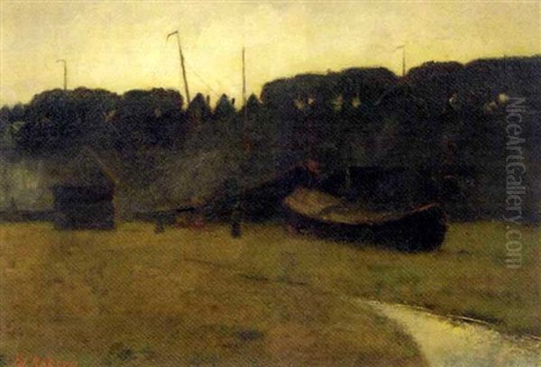 Moored Sailing Vessels At Dusk Oil Painting by Eduard Karsen