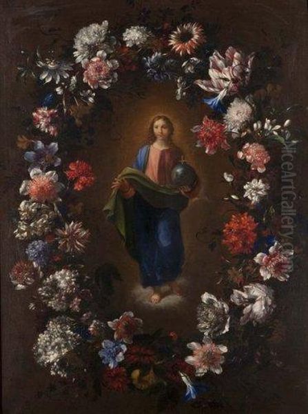 Guirlande De Fleurs Avec L'enfant Jesus Tenant Le Monde Dans Sa Main Oil Painting by Nicolas Baudesson