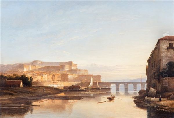 A Sunlit View Of A City Along A River, Probably Koblenz With The Ehrenstein Castle Oil Painting by Kasparus Karsen