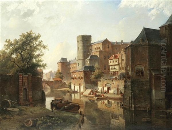 Trading Boats On A Dutch Town Canal Oil Painting by Kasparus Karsen