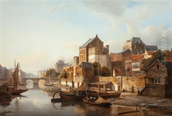 A View Of A Town By A River Oil Painting by Kasparus Karsen